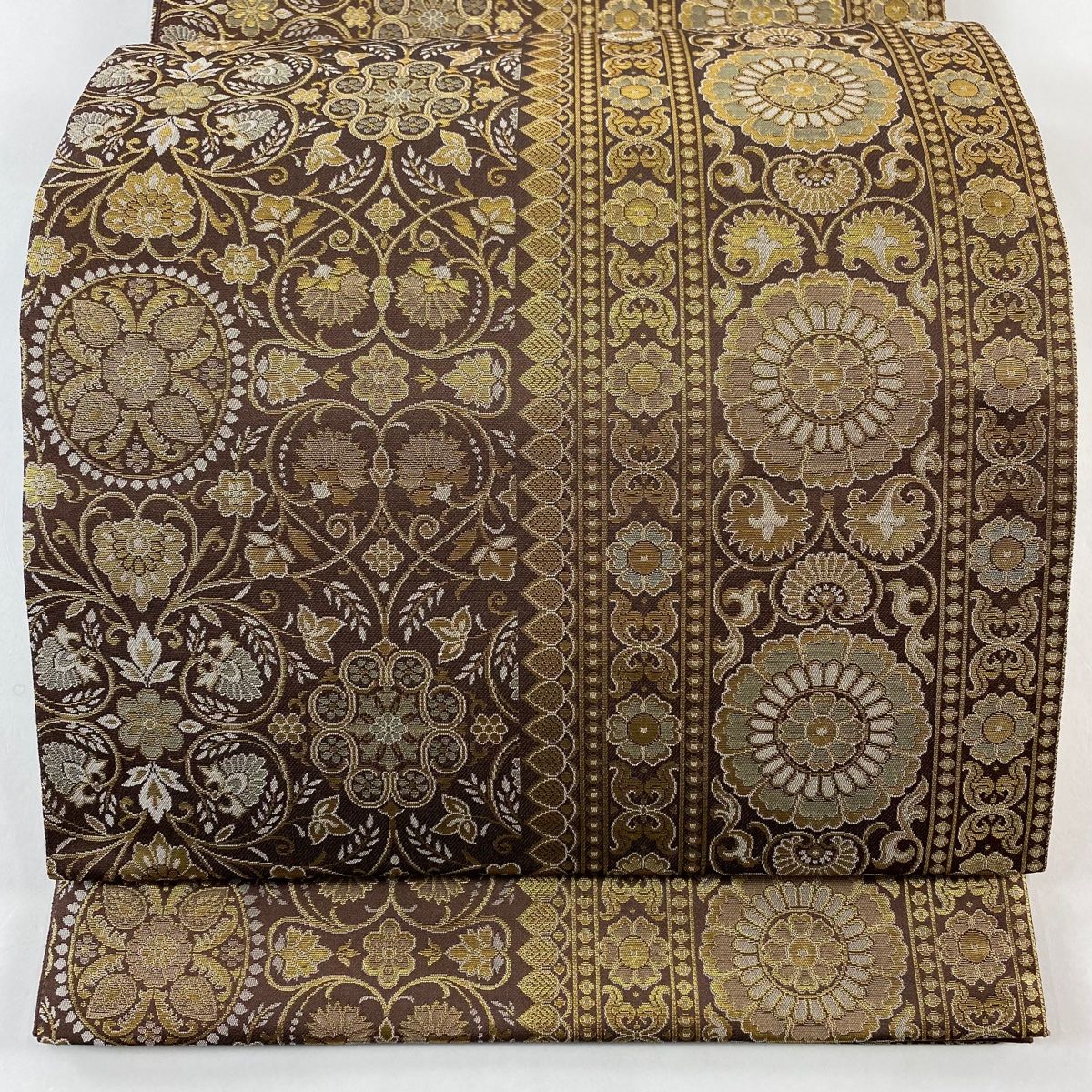 袋帯 草花 幾何学 箔 草木染 茶色 全通 正絹