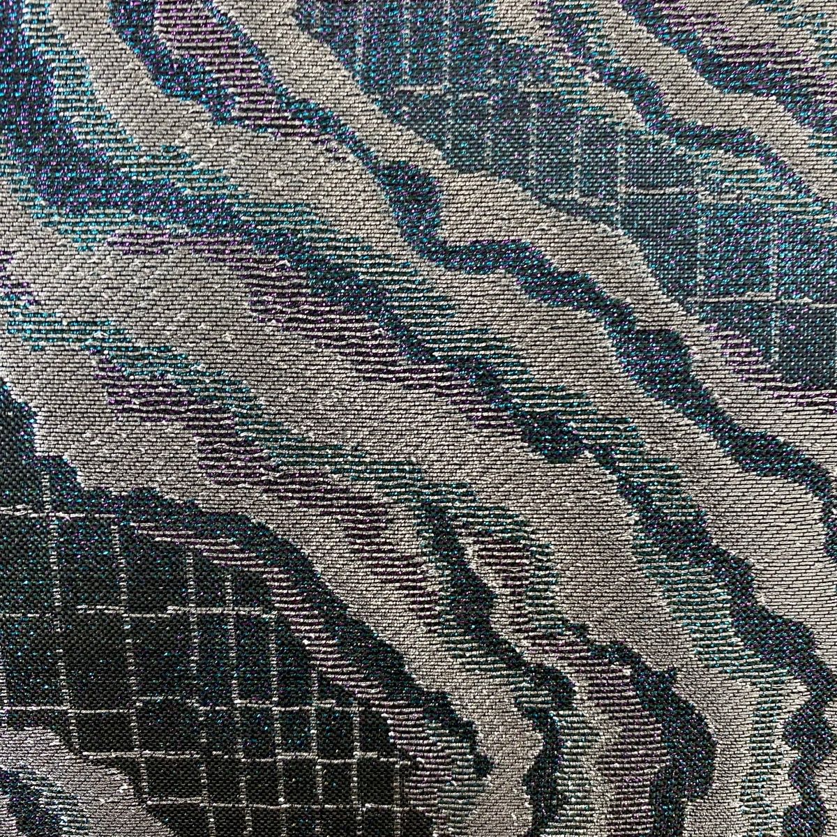 袋帯 流水 格子 銀糸 箔 青紫 六通 正絹