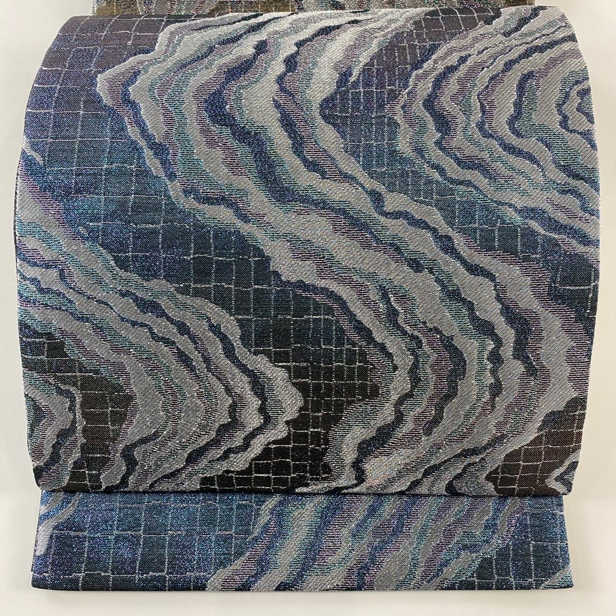 袋帯 流水 格子 銀糸 箔 青紫 六通 正絹