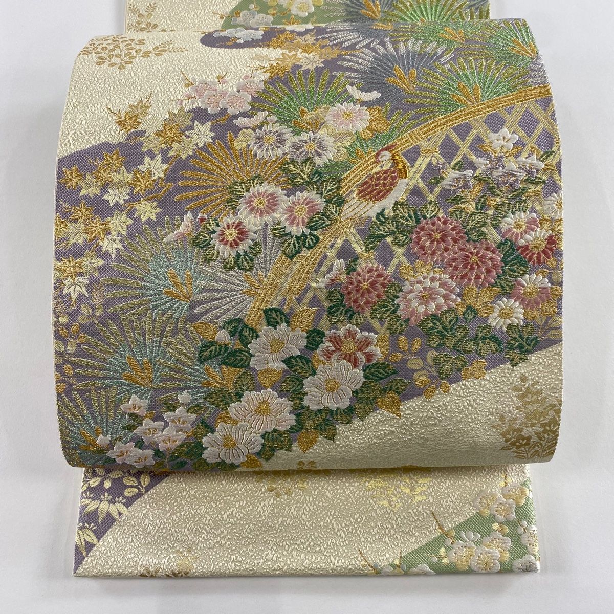 袋帯 松梅 鳥 唐織 金糸 クリーム 六通 正絹