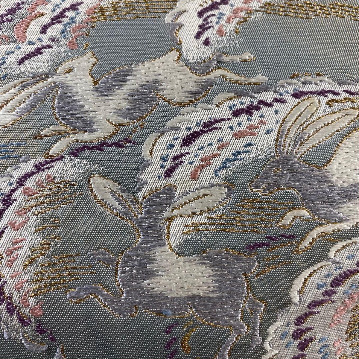 袋帯 落款 関西仕立て 奥の細道 動物 流水 金銀糸 箔 灰緑 お太鼓柄 正絹