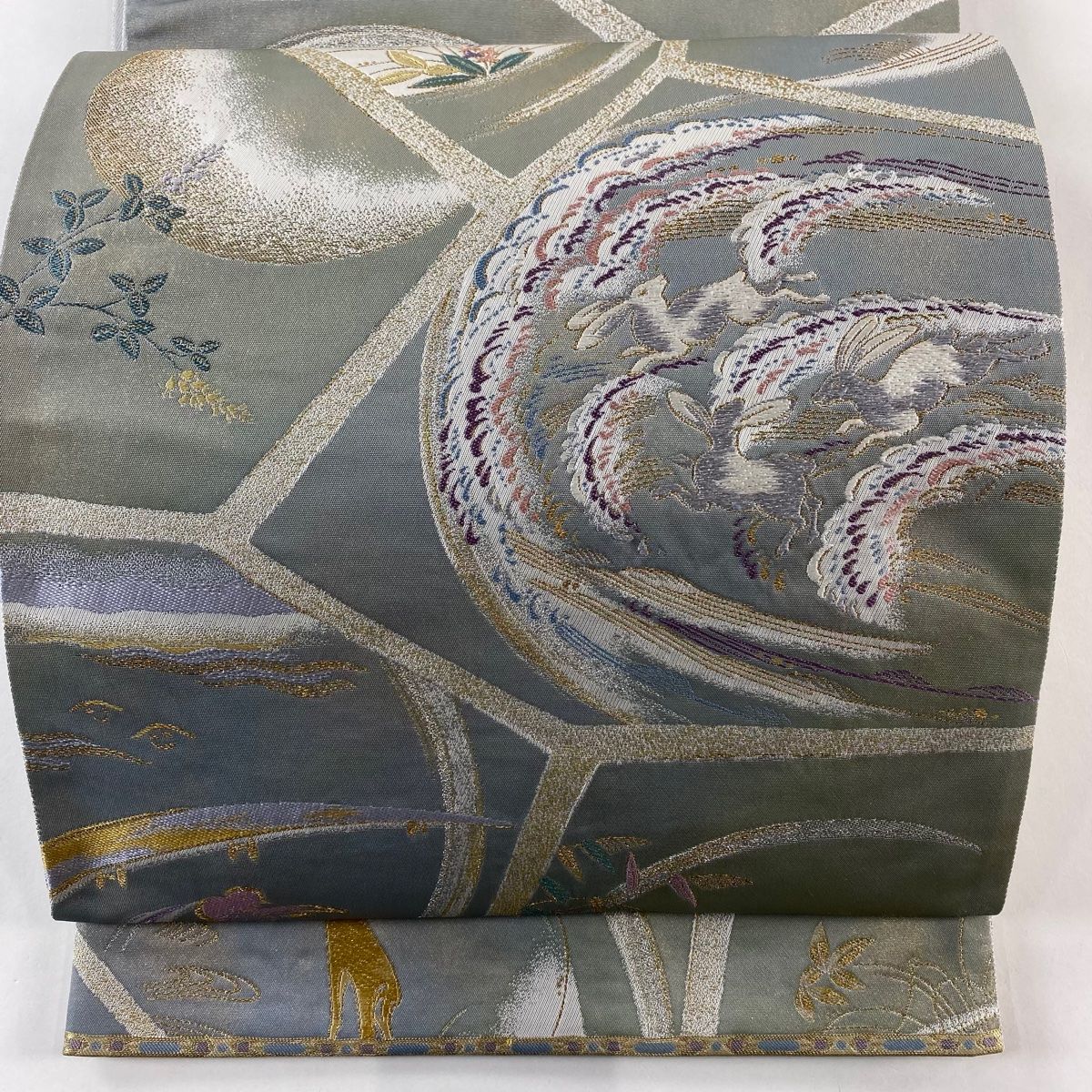 袋帯 落款 関西仕立て 奥の細道 動物 流水 金銀糸 箔 灰緑 お太鼓柄 正絹