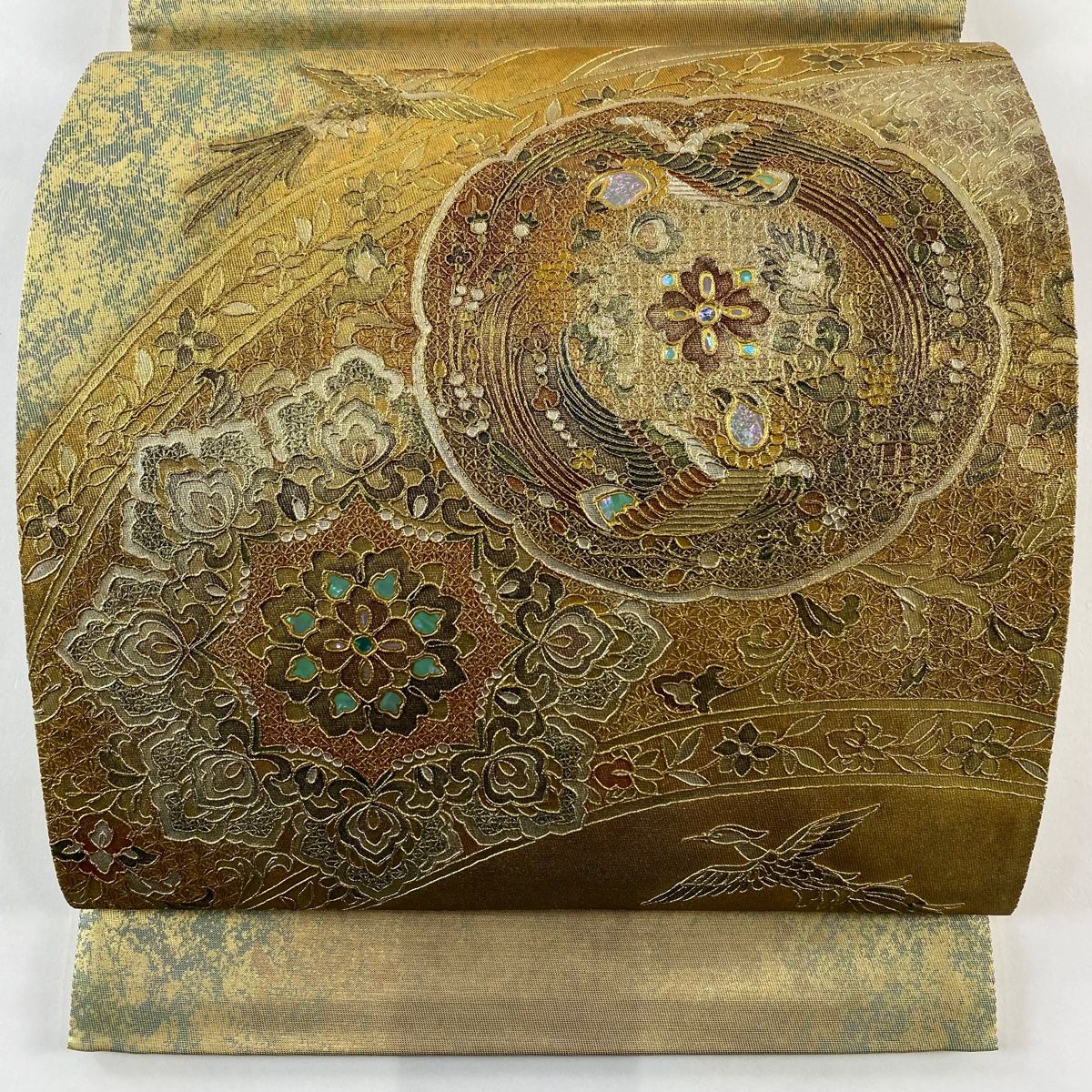 袋帯 華文 花鳥 螺鈿 金銀彩 金色 お太鼓柄 正絹
