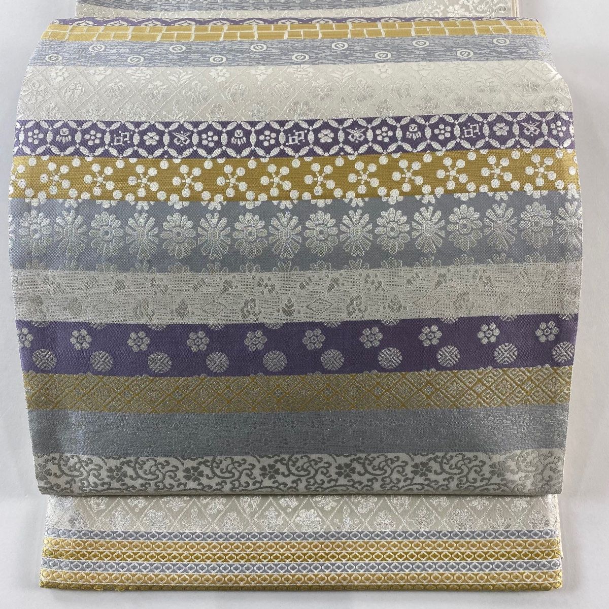 袋帯 小石丸 段縞 花 箔 クリーム 全通 正絹