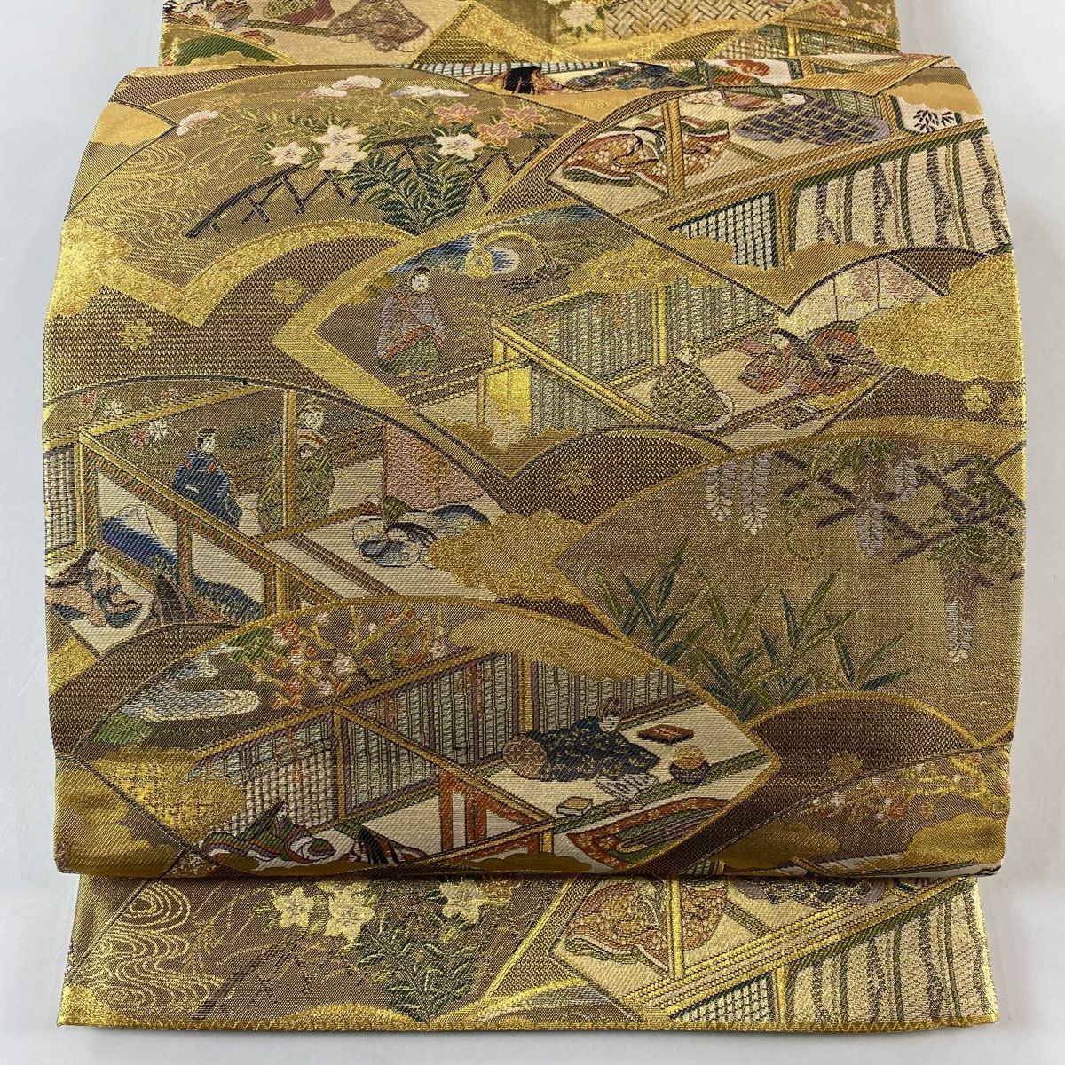 丸帯 扇面 人物 金糸 箔 金色 六通 正絹