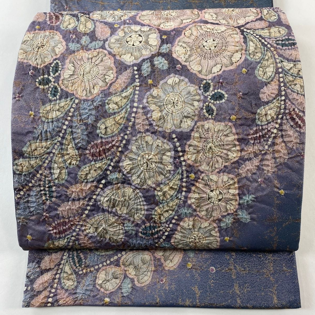 袋帯 落款 辻が花 幾何学 銀糸 箔 灰紫 お太鼓柄 正絹