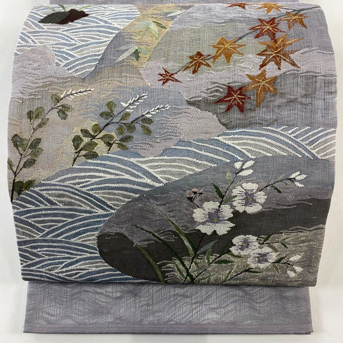 袋帯 夏帯 関西仕立て 楓 波 金銀糸 灰紫 お太鼓柄 正絹