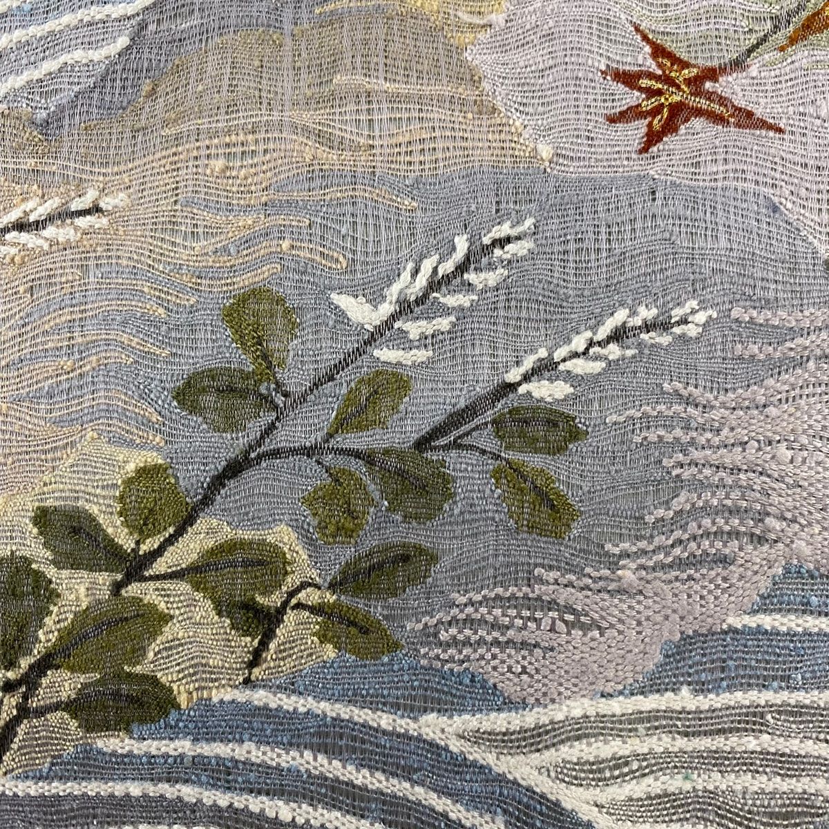 袋帯 夏帯 関西仕立て 楓 波 金銀糸 灰紫 お太鼓柄 正絹