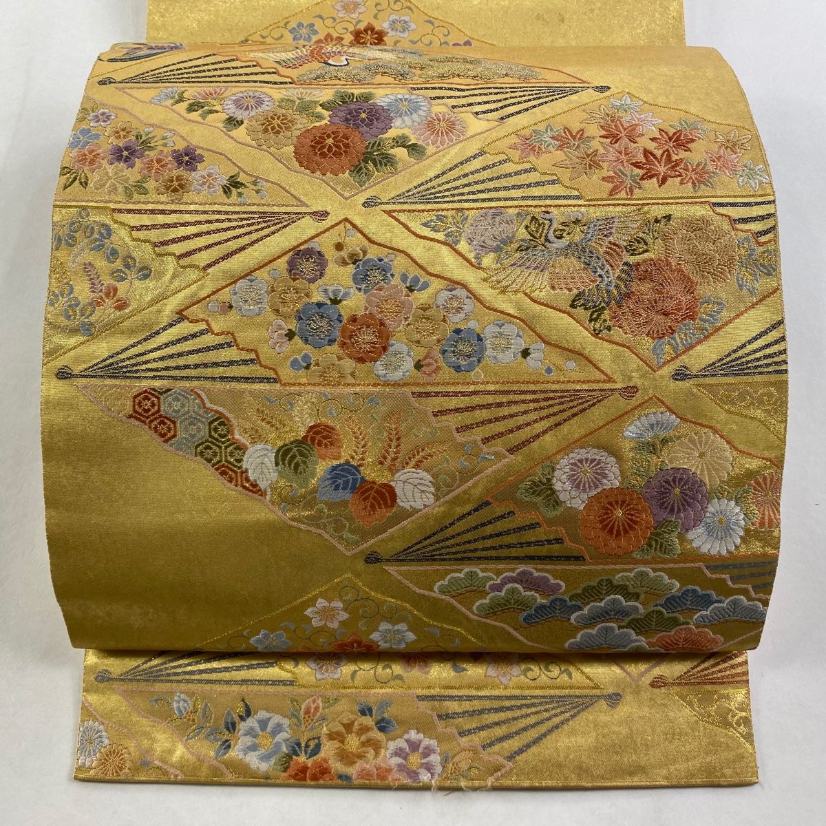 袋帯 長嶋成織物 落款 瀞金錦 扇 花鳥 金糸 箔 金色 お太鼓柄 正絹