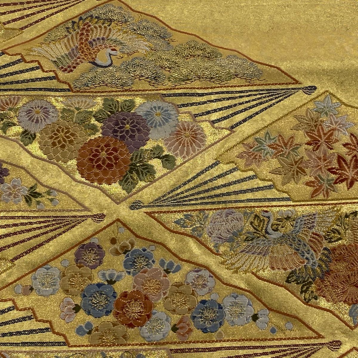 袋帯 長嶋成織物 落款 瀞金錦 扇 花鳥 金糸 箔 金色 お太鼓柄 正絹