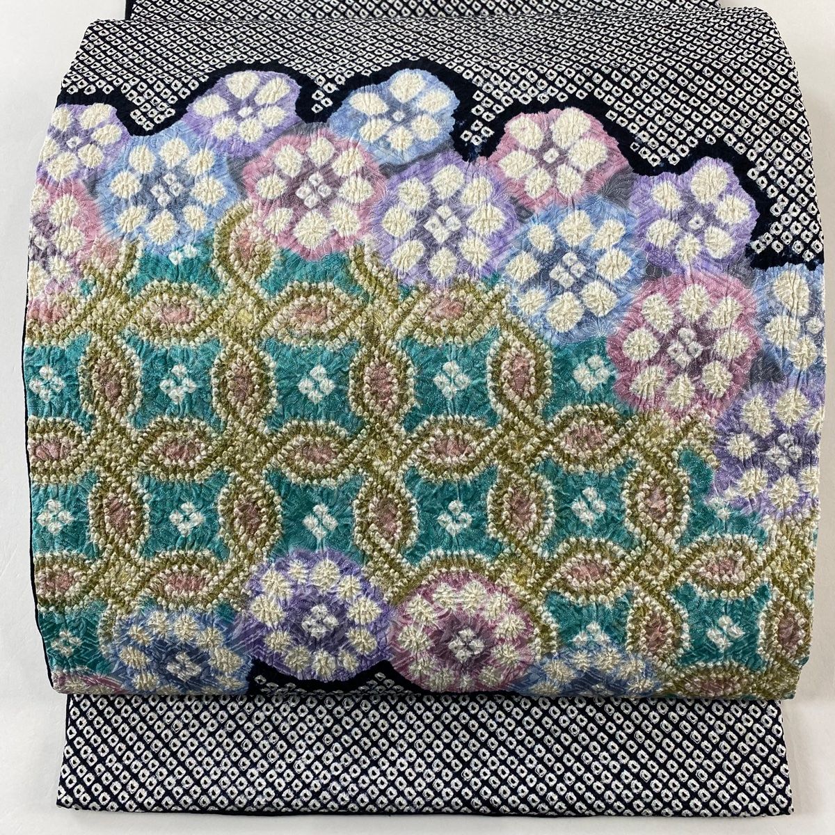 開き名古屋帯 花 幾何学 絞り 黒 正絹