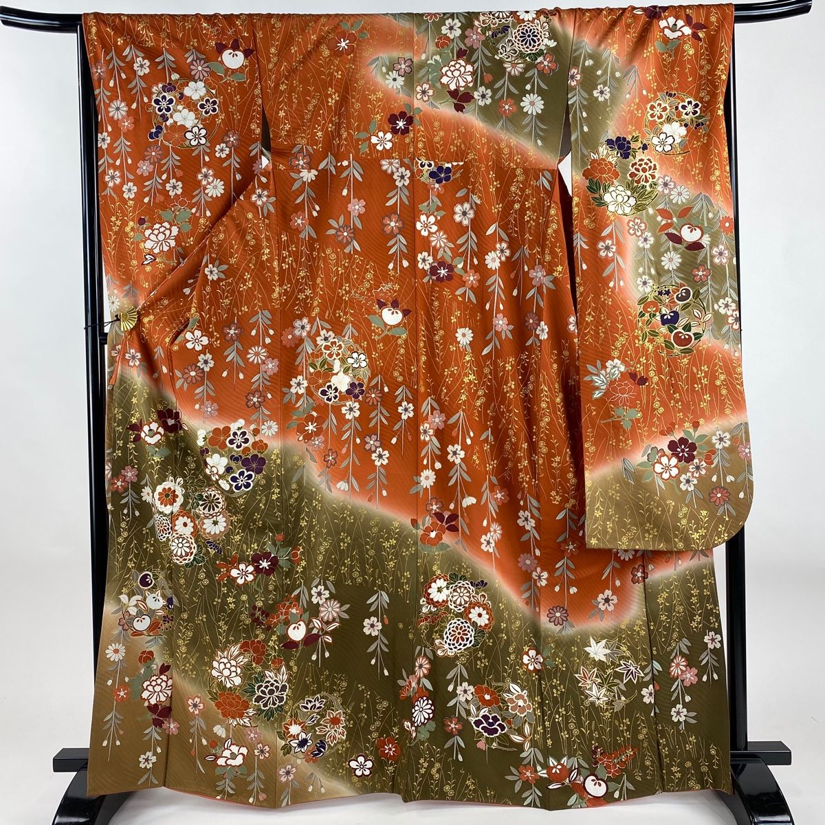 振袖 身丈166cm 裄丈68cm L 袷 花丸文 草花 金彩 ぼかし 赤茶 正絹
