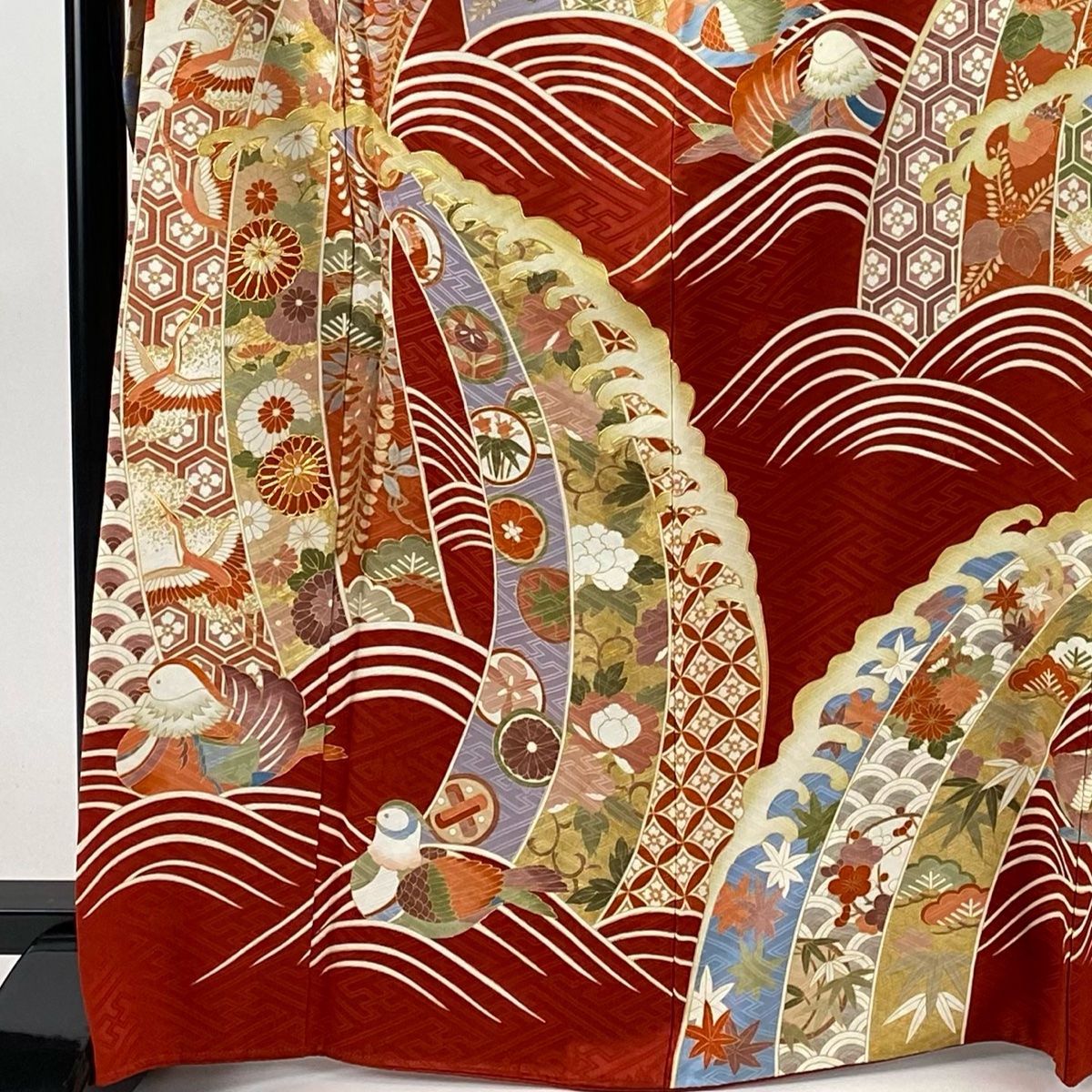 振袖 身丈167cm 裄丈69.5cm L 袷 鴛鴦 草花 金糸 金彩 赤茶 正絹