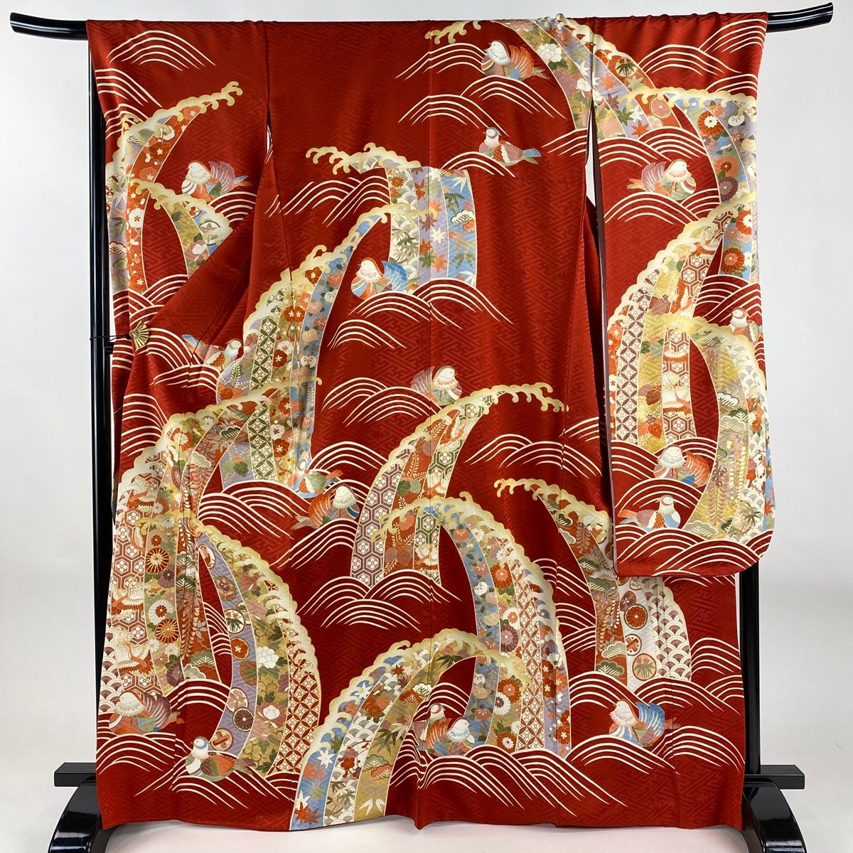 振袖 身丈167cm 裄丈69.5cm L 袷 鴛鴦 草花 金糸 金彩 赤茶 正絹