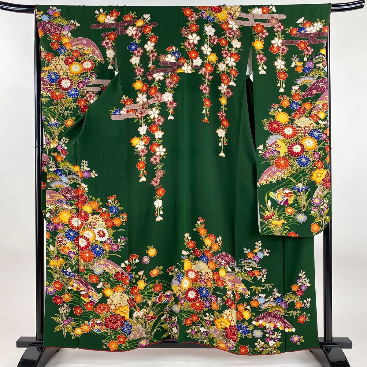振袖 身丈159cm 裄丈68.5cm L 袷 草花 鴛鴦 深緑 正絹