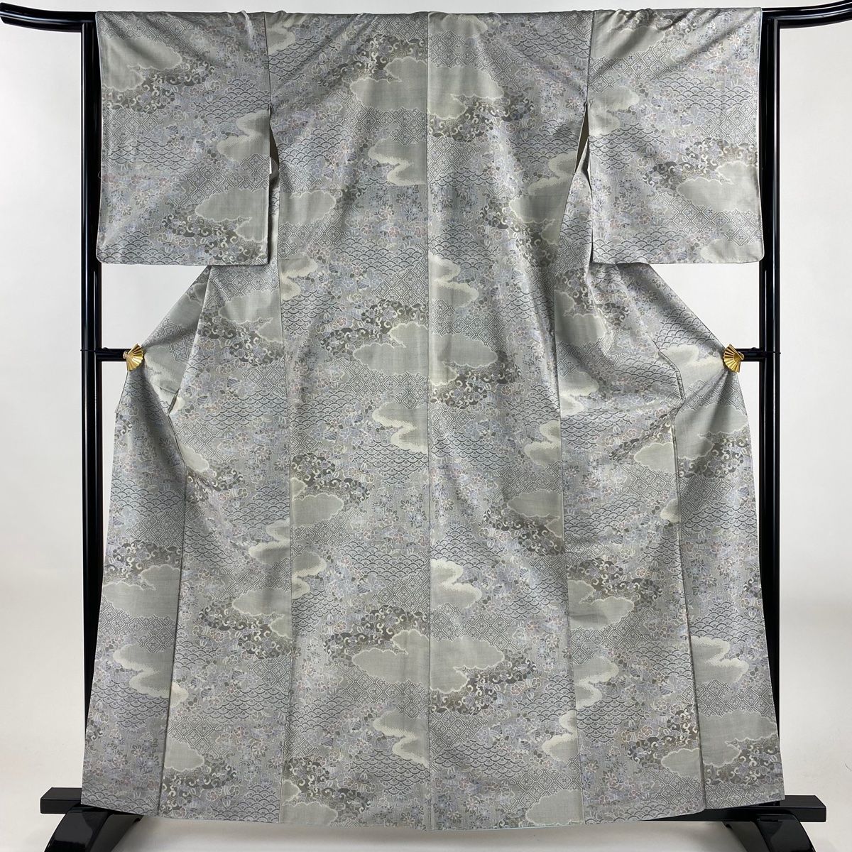 紬 身丈162cm 裄丈64.5cm M 袷 草花 雲文 灰緑 正絹