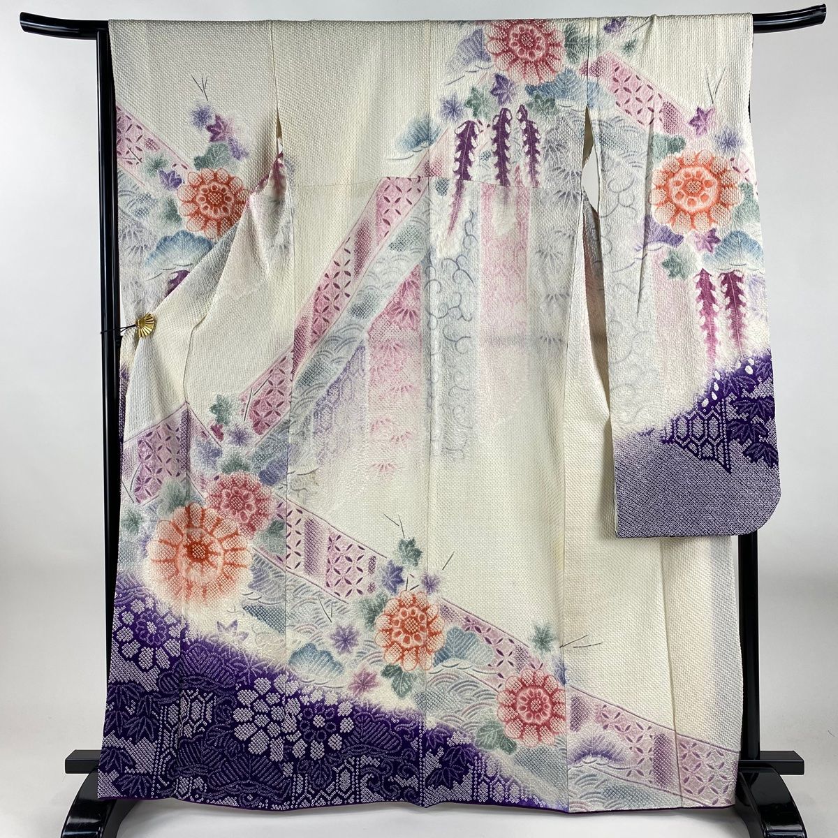 振袖 身丈165cm 裄丈66.5cm M 袷 菊 七宝 総絞り クリーム 正絹