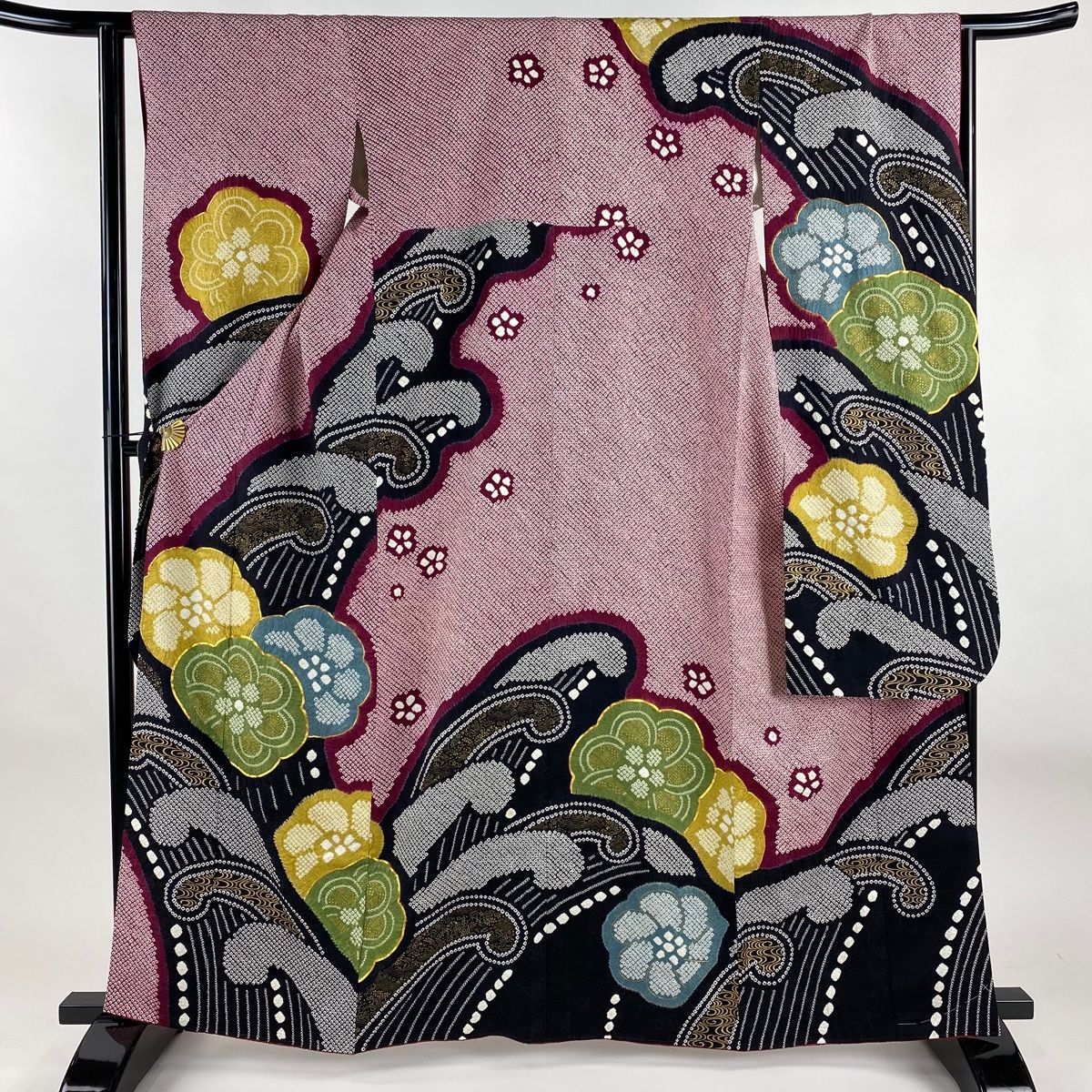 振袖 身丈162cm 裄丈64cm M 袷 梅 波頭 金糸 絞り 赤紫 正絹