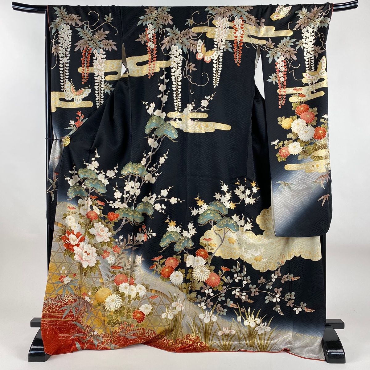 振袖 身丈174cm 裄丈70cm L 袷 松竹梅 牡丹 刺繍 金彩 黒 正絹