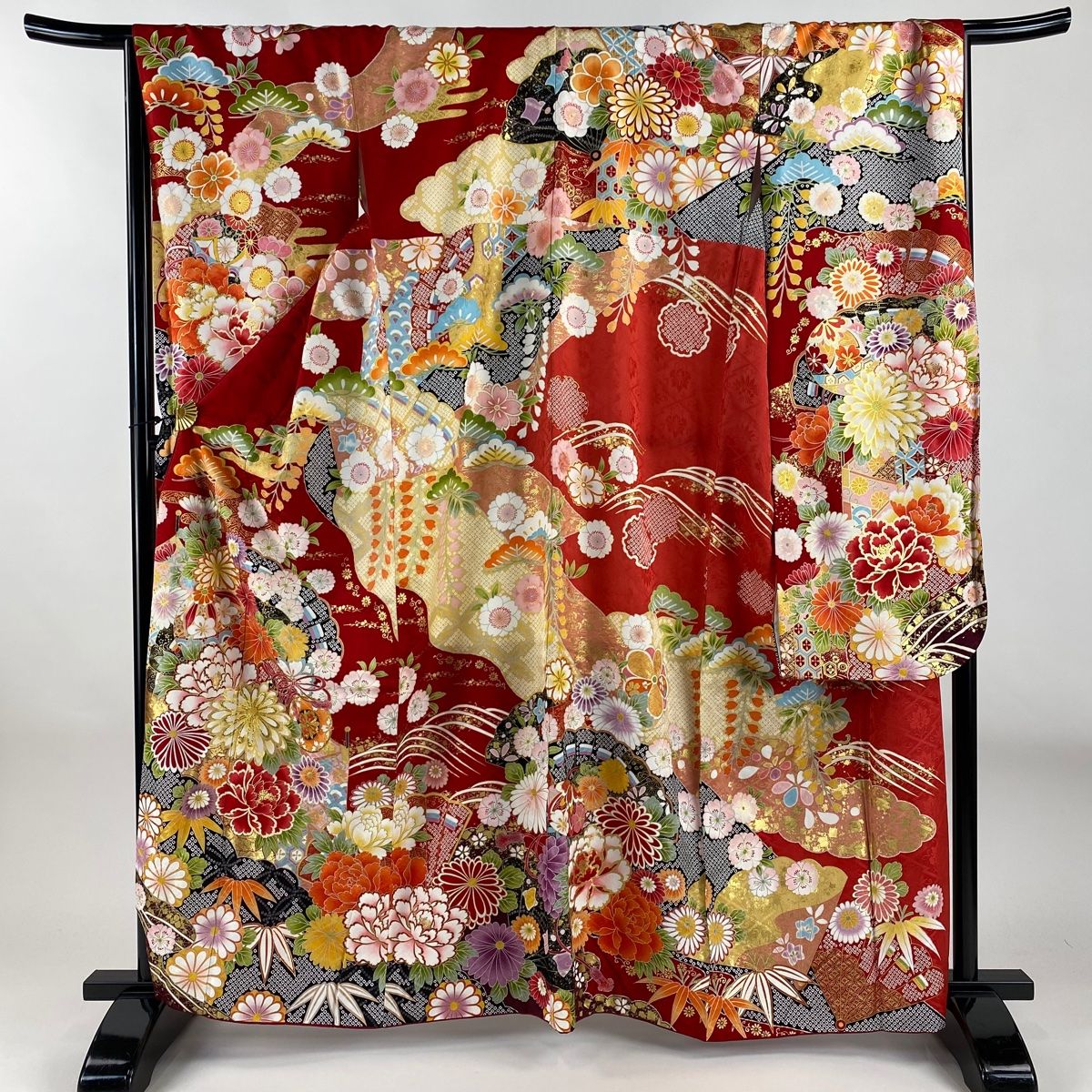 振袖 身丈162.5cm 裄丈67cm M 袷 鼓 草花 箔 金彩 赤 正絹