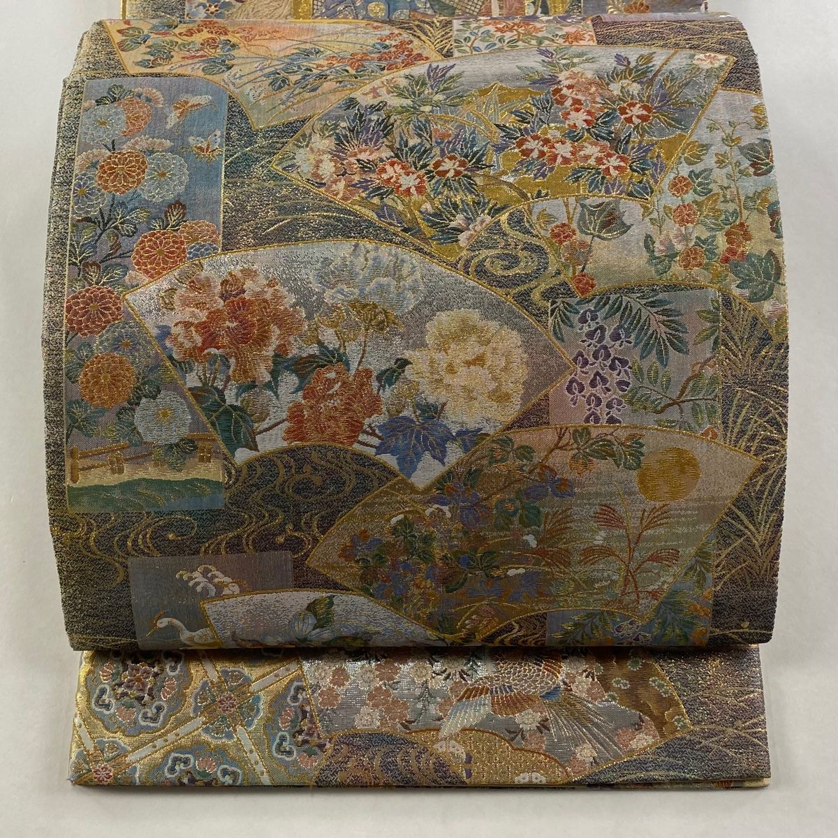 丸帯 扇面 草花 金糸 箔 青灰色 全通 正絹