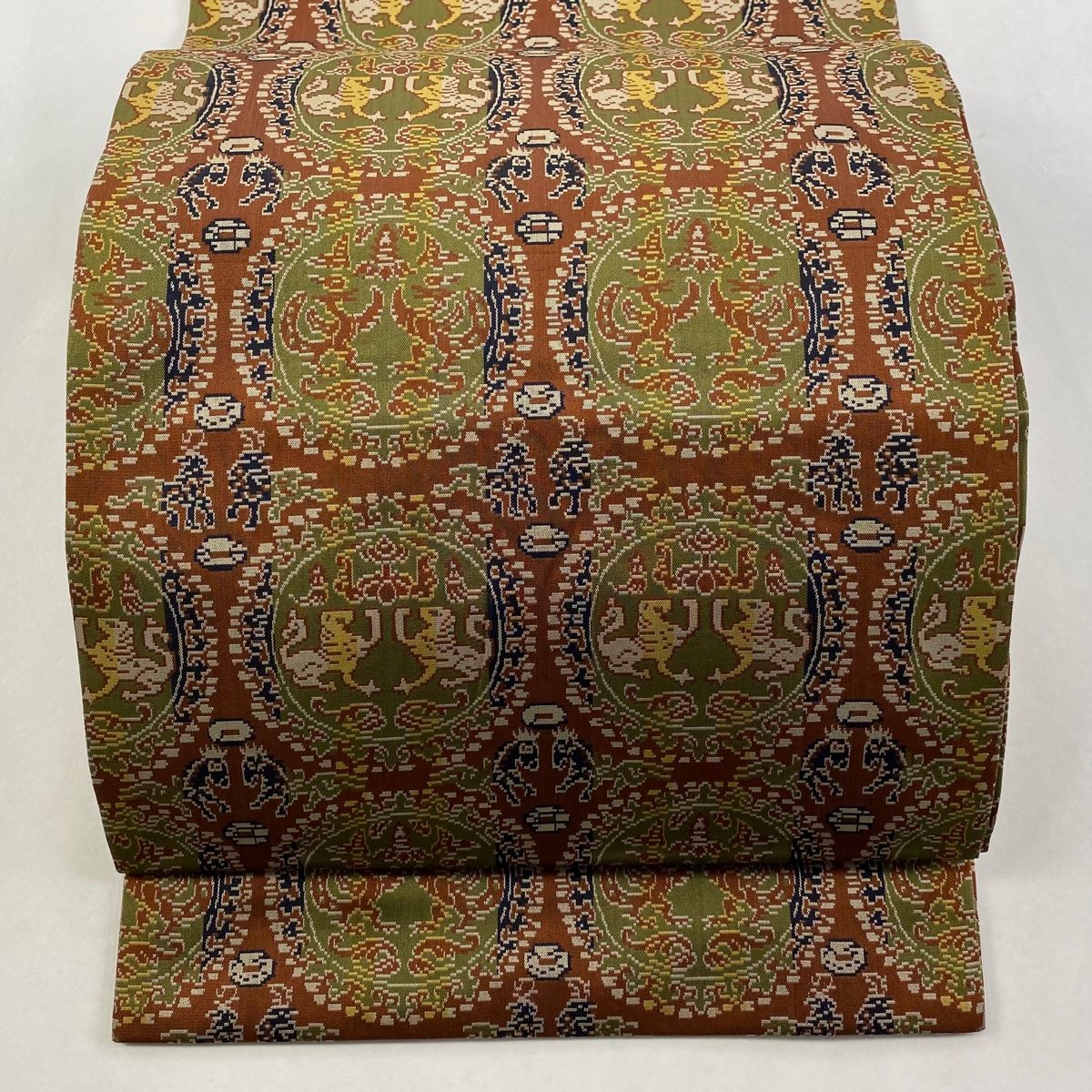 開き名古屋帯 龍村美術織物 円文白虎朱雀文 茶色 正絹