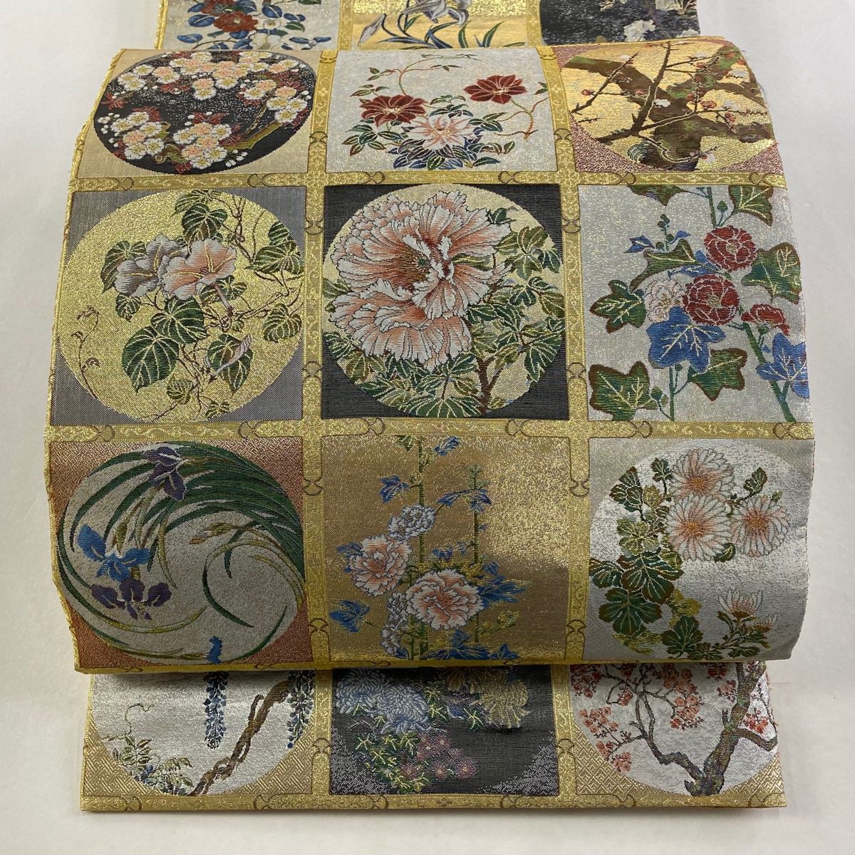 丸帯 日本画格天井文 金糸 箔 銀色 全通 正絹