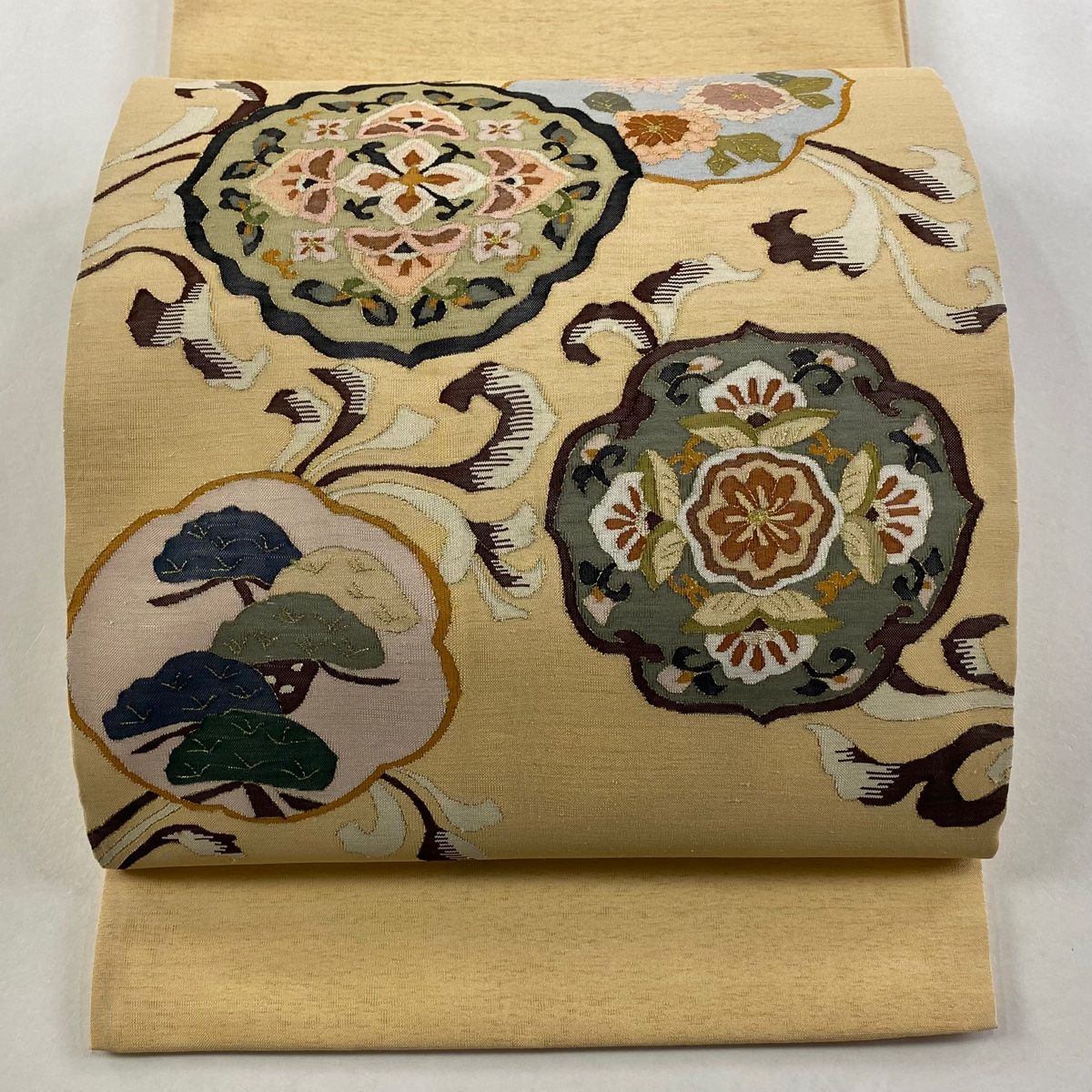 袋帯 紬地 菊 華文 金糸 薄オレンジ お太鼓柄 正絹