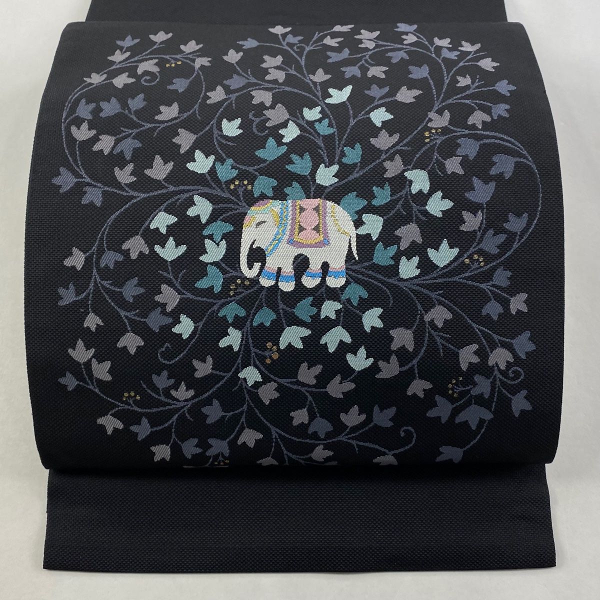 名古屋帯 八寸名古屋帯 象 葉と実 金糸 黒 正絹