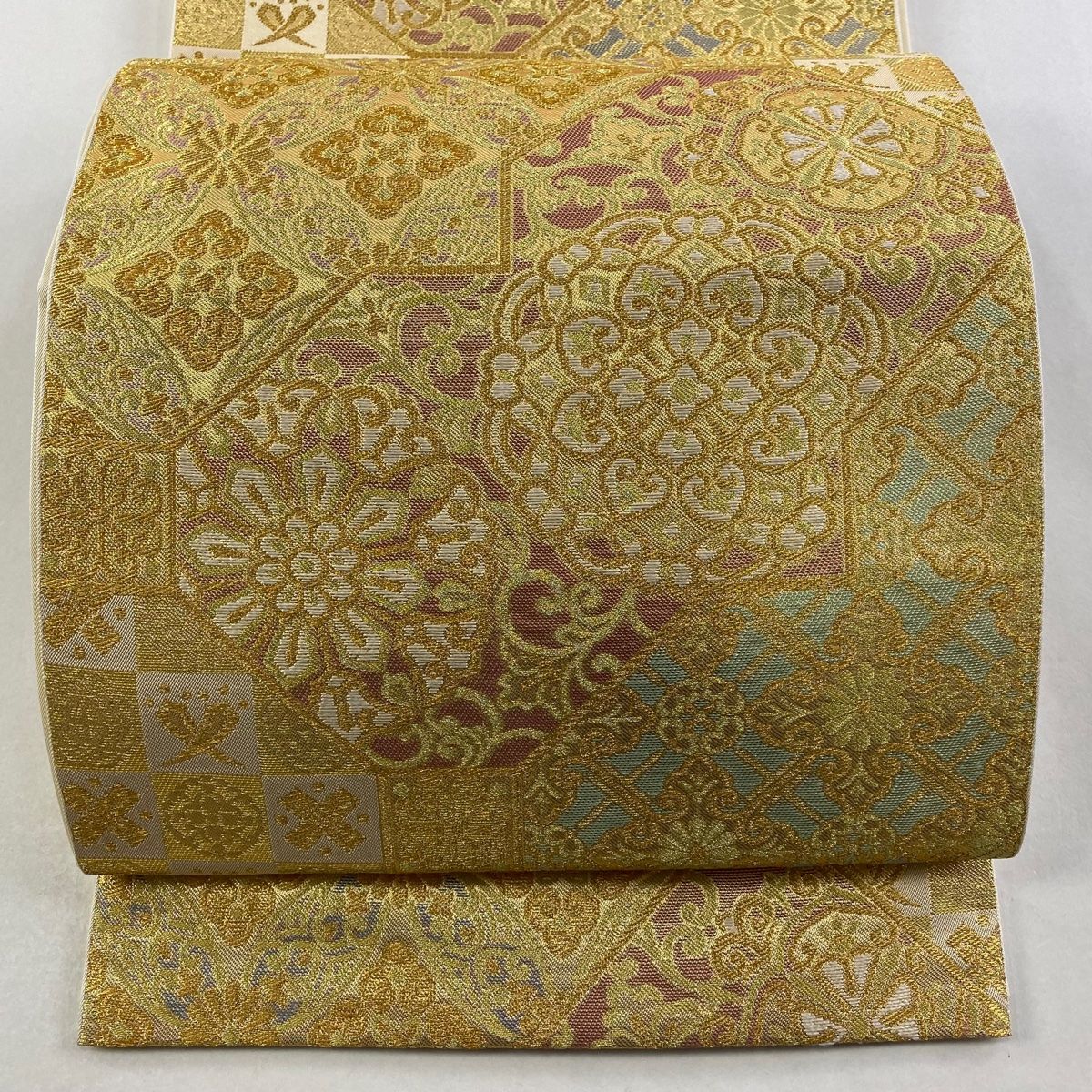 袋帯 川島織物 落款 華文 七宝 金糸 箔 金色 六通 正絹
