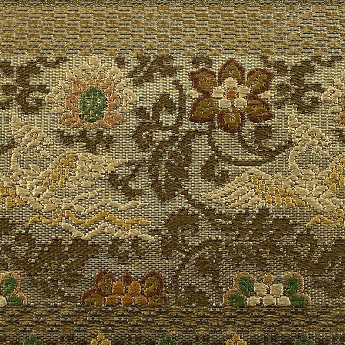 袋帯 渡文 落款 花鳥 段縞 箔 金糸 茶色 お太鼓柄 正絹