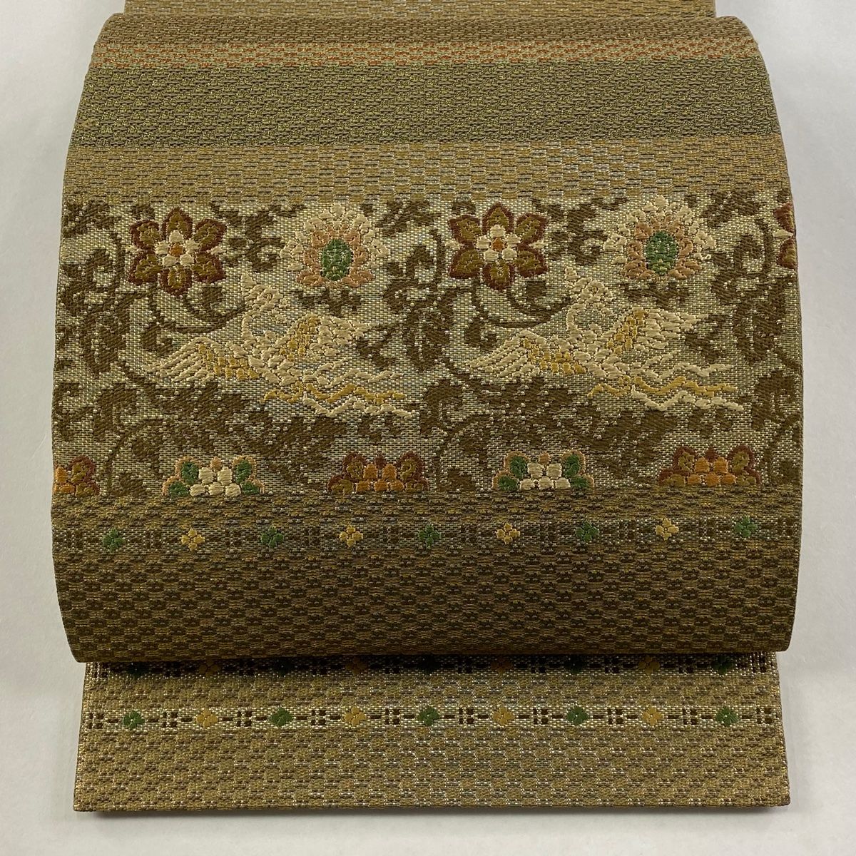 袋帯 渡文 落款 花鳥 段縞 箔 金糸 茶色 お太鼓柄 正絹