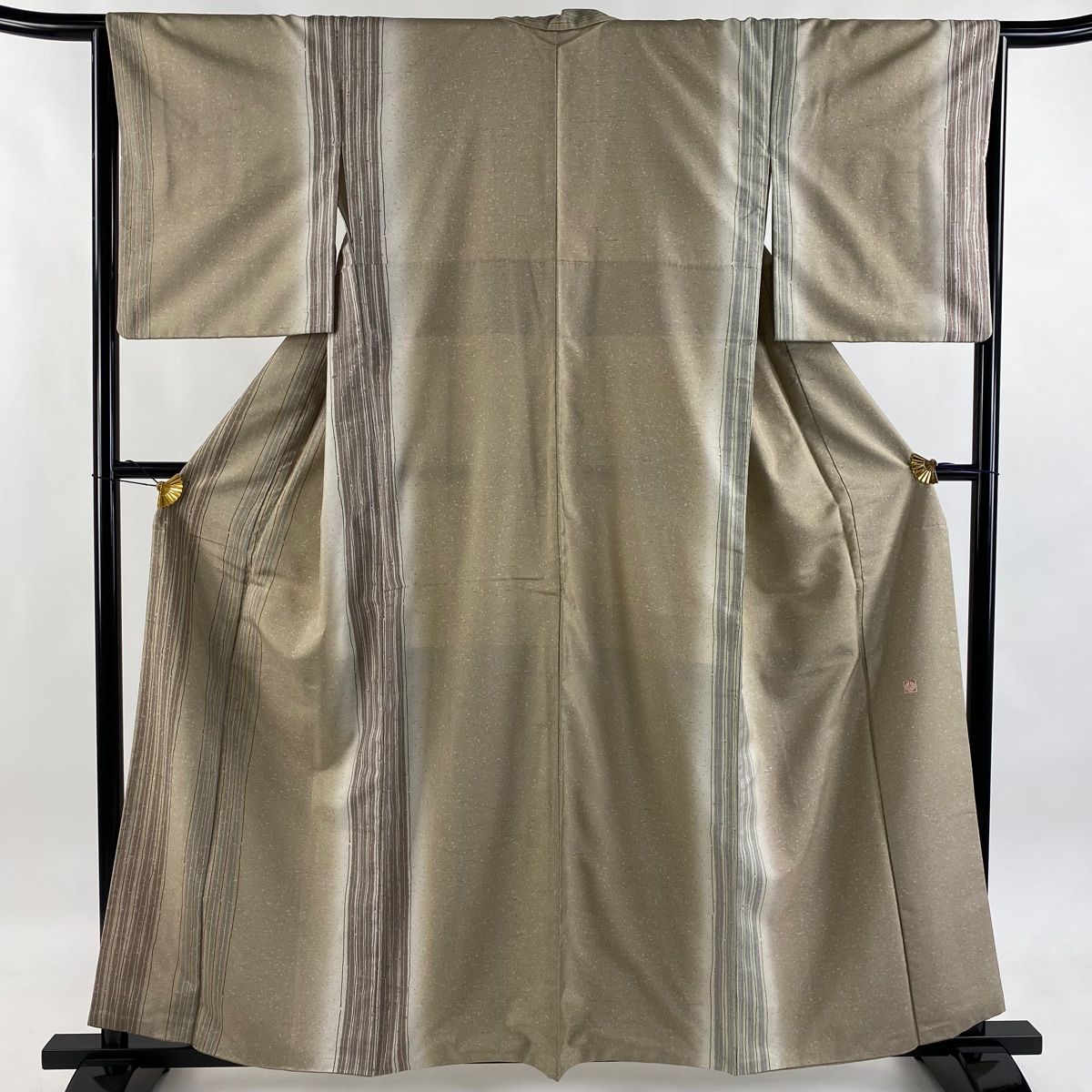 付下げ 身丈158.5cm 裄丈64cm M 袷 牛首紬地 落款 証紙 縦縞 灰茶 正絹
