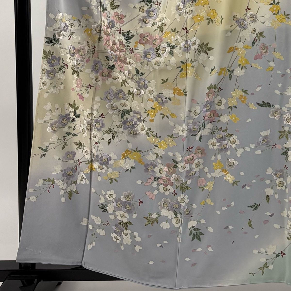 訪問着 身丈160cm 裄丈67.5cm L 袷 枝垂れ桜 刺繍 ぼかし 青灰色 正絹