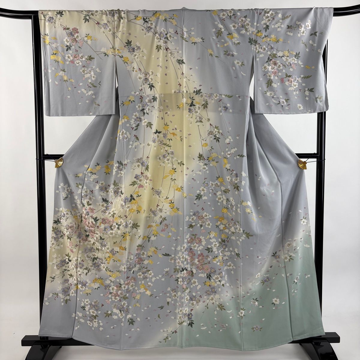 訪問着 身丈160cm 裄丈67.5cm L 袷 枝垂れ桜 刺繍 ぼかし 青灰色 正絹