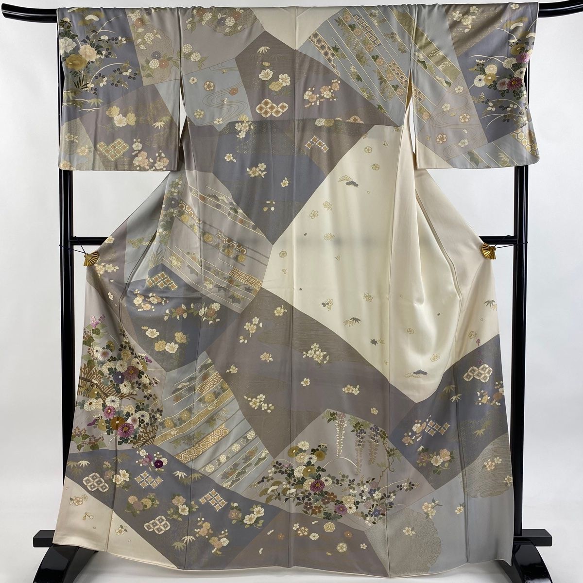 訪問着 身丈165cm 裄丈68cm L 袷 帝王紫 落款 菊 枝梅 刺繍 金糸 灰紫 正絹