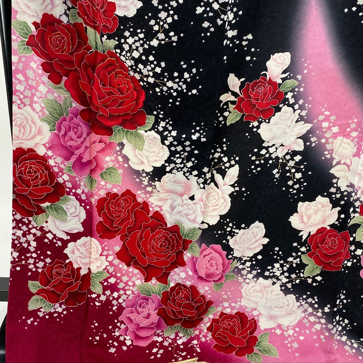 振袖 身丈172cm 裄丈70.5cm L 袷 薔薇 枝花 銀通し 刺繍 黒 正絹