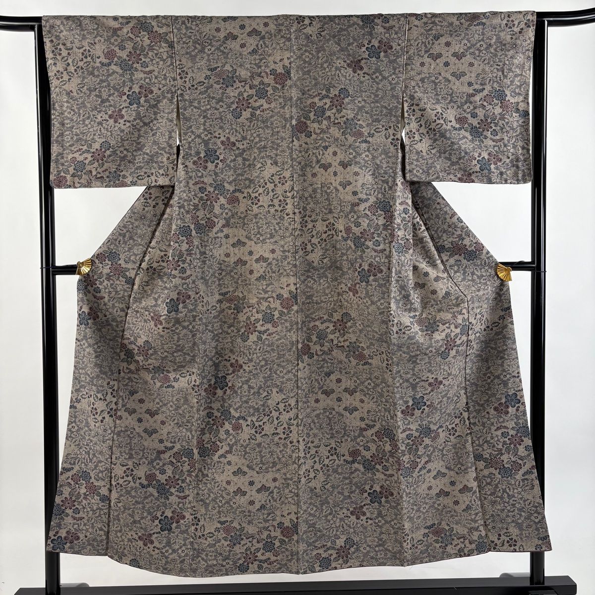 小紋 身丈150.5cm 裄丈63.5cm S 袷 はたおり娘 結城紬地 証紙 鳥 草花 灰紫 正絹