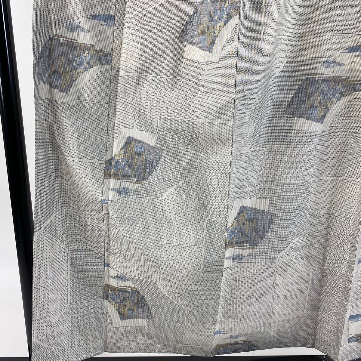 大島紬 身丈157.5cm 裄丈63.5cm S 袷 都喜ヱ門 証紙 扇面 幾何学 灰色 正絹