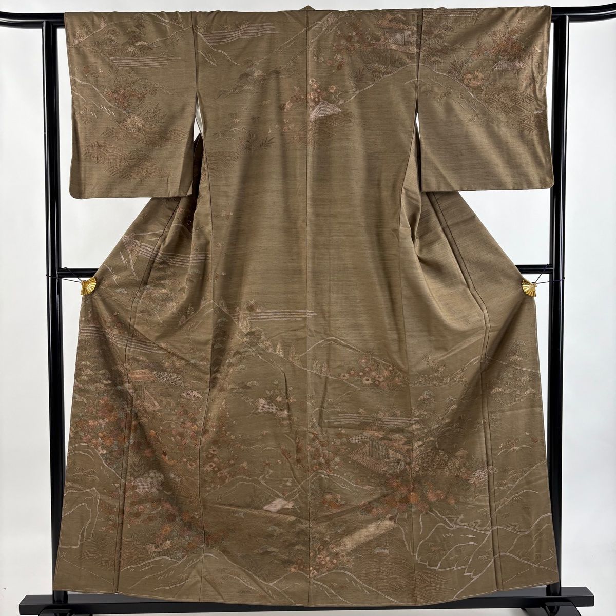 訪問着 身丈158.5cm 裄丈61.5cm S 袷 紬地 鴛鴦 松竹梅 刺繍 茶色 正絹