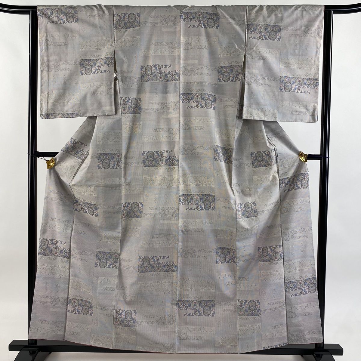 大島紬 身丈160.5cm 裄丈63cm S 袷 都喜ヱ門 証紙 草花 段縞 灰紫 正絹