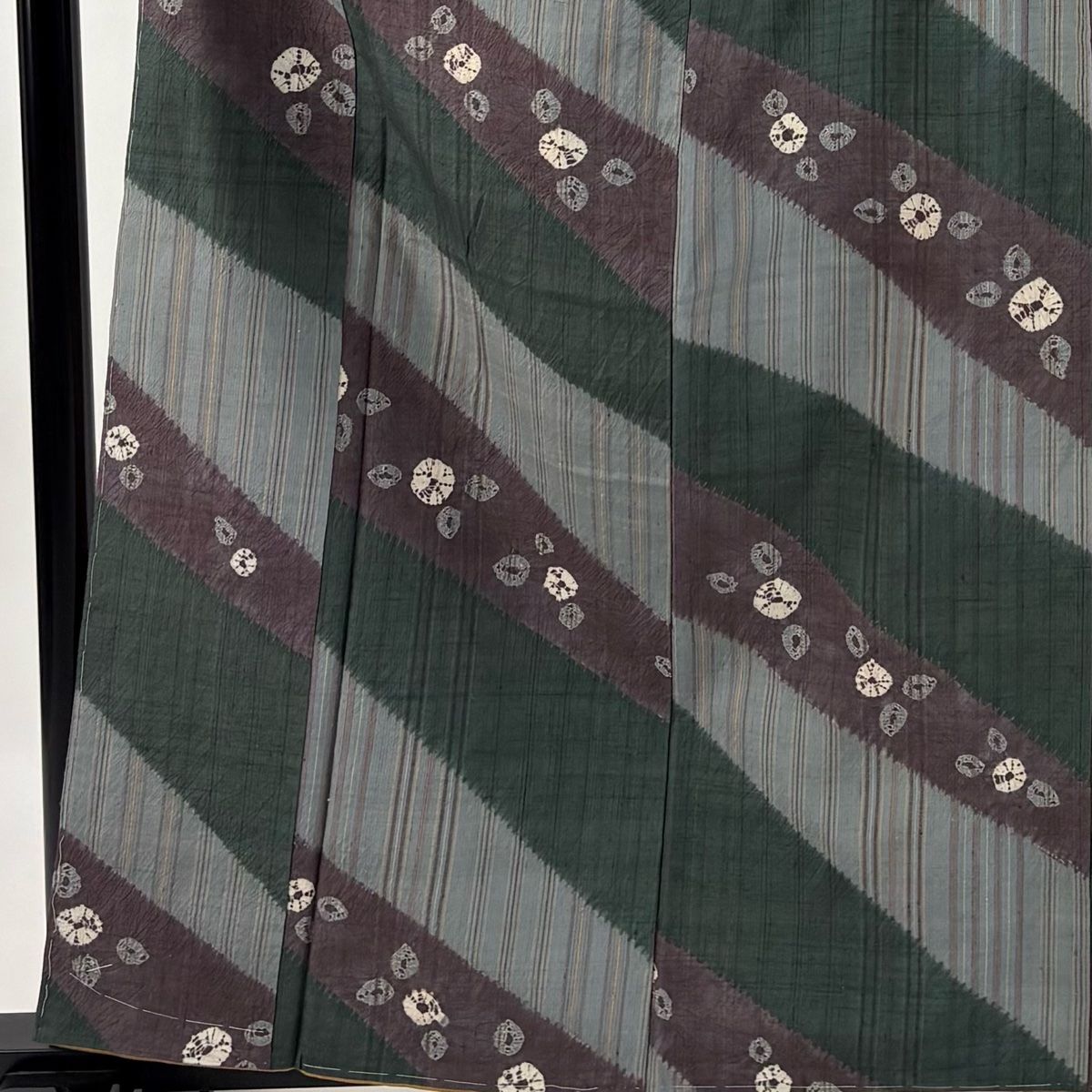 小紋 身丈161.5cm 裄丈61.5cm S 袷 吉澤与市 紬地 縞 草花 絞り 灰緑 正絹