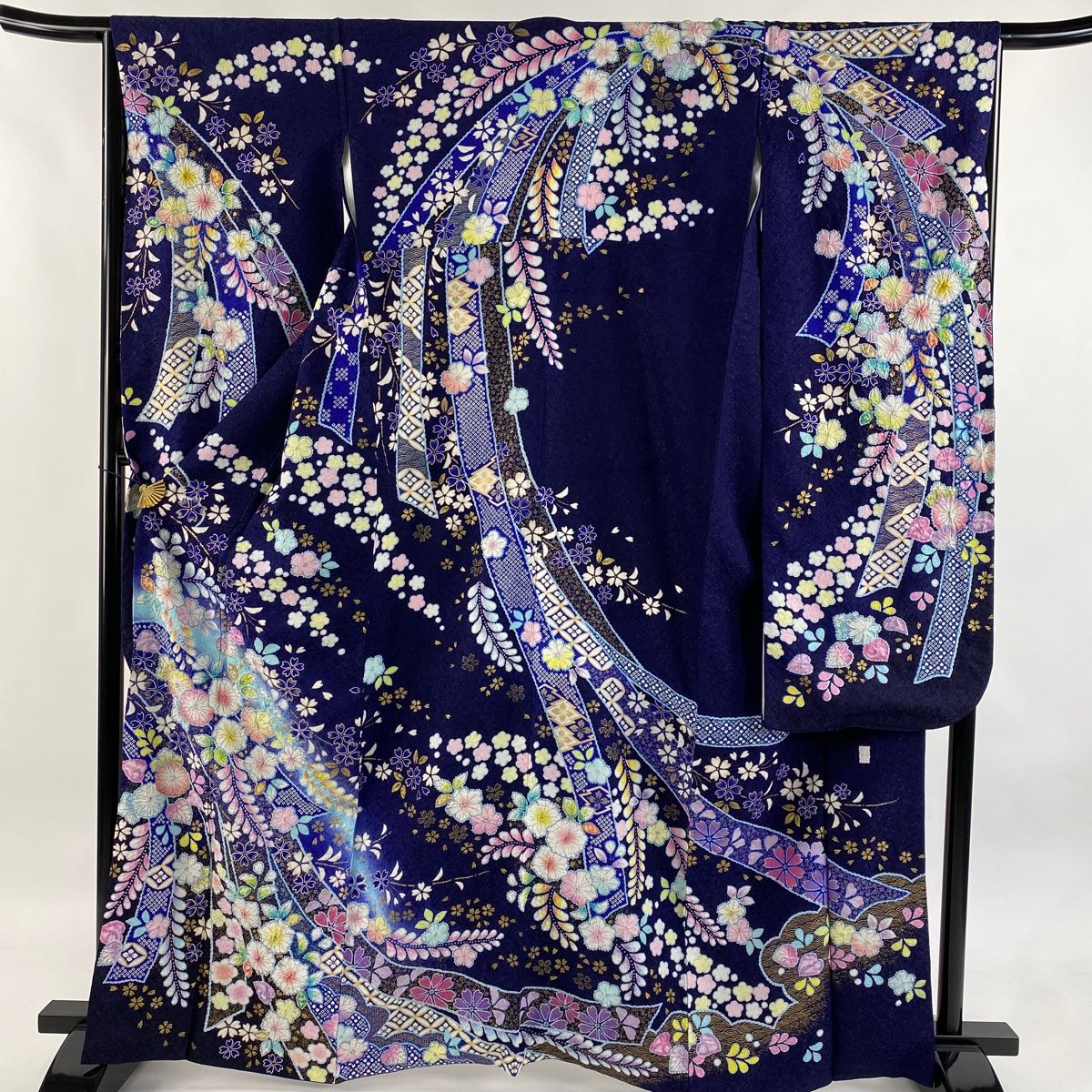 振袖 身丈164.5cm 裄丈65cm M 袷 徳永憲峯 落款 辻が花 熨斗 銀通し 金彩 濃紺 正絹
