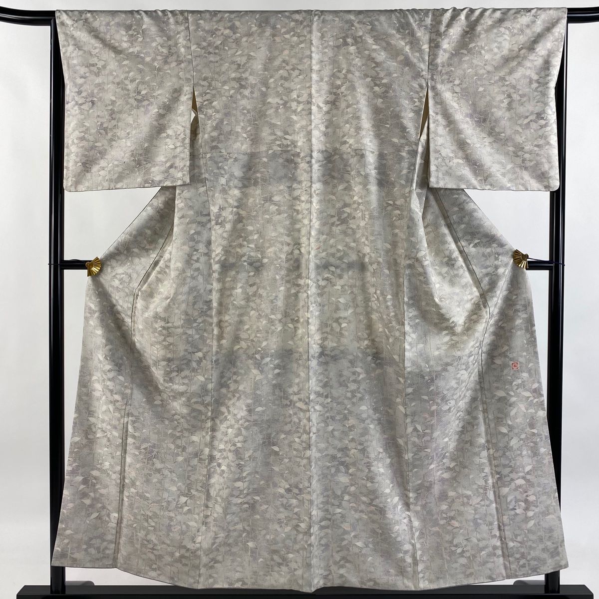 小紋 身丈155.5cm 裄丈66cm M 袷 牛首紬地 落款 葉柄 灰白 正絹