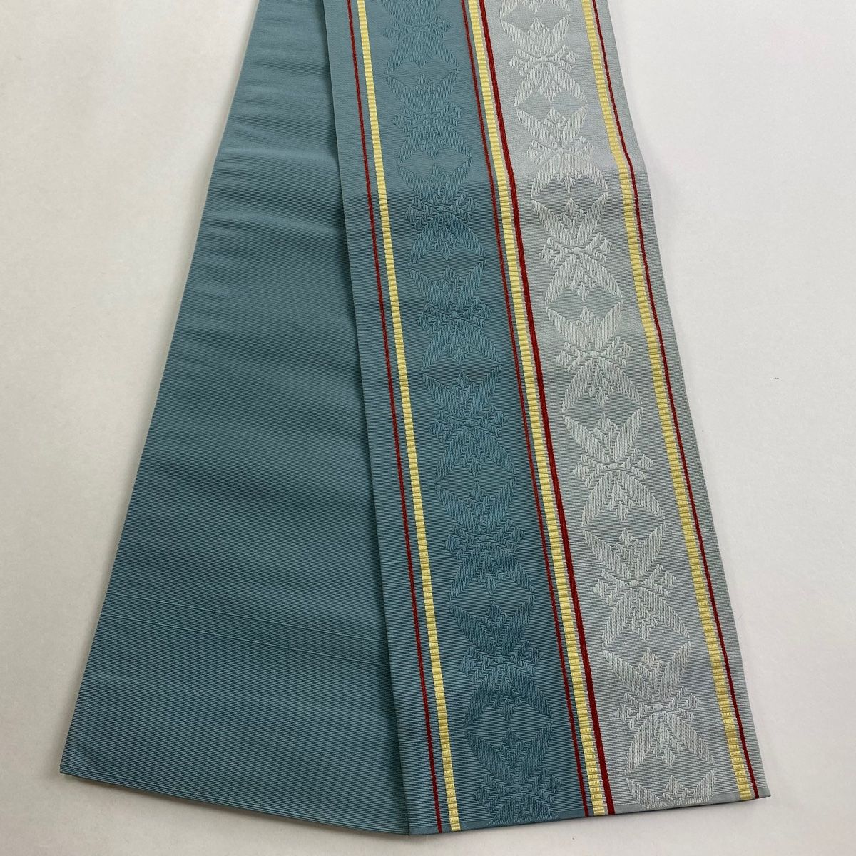 半幅帯 秀品 博多織 証紙 花 縞 薄緑 正絹