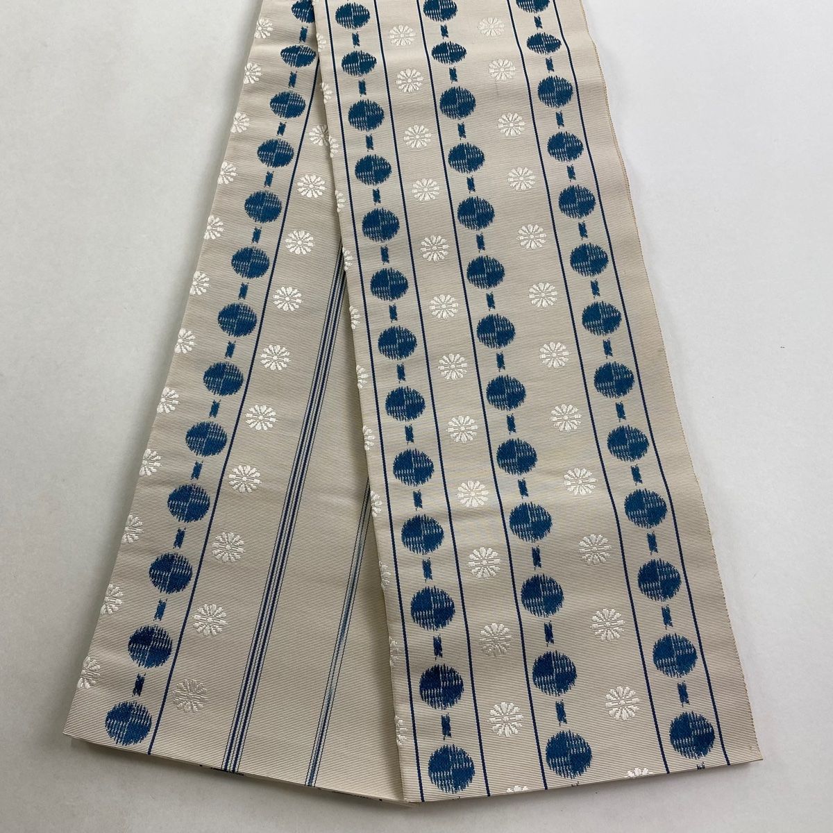 半幅帯 秀品 博多織 証紙 縞 丸文 ベージュ 正絹