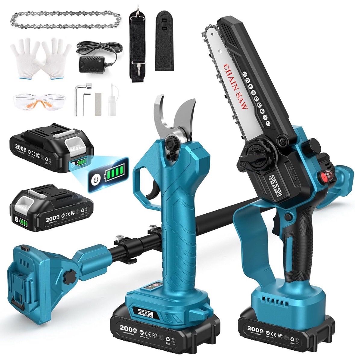 バッテリー付き 高枝チェーンソー 充電式電動剪定バサミ コードレス 庭木剪定 高所枝切り ポールソー DIYガーデニング ノコギリ