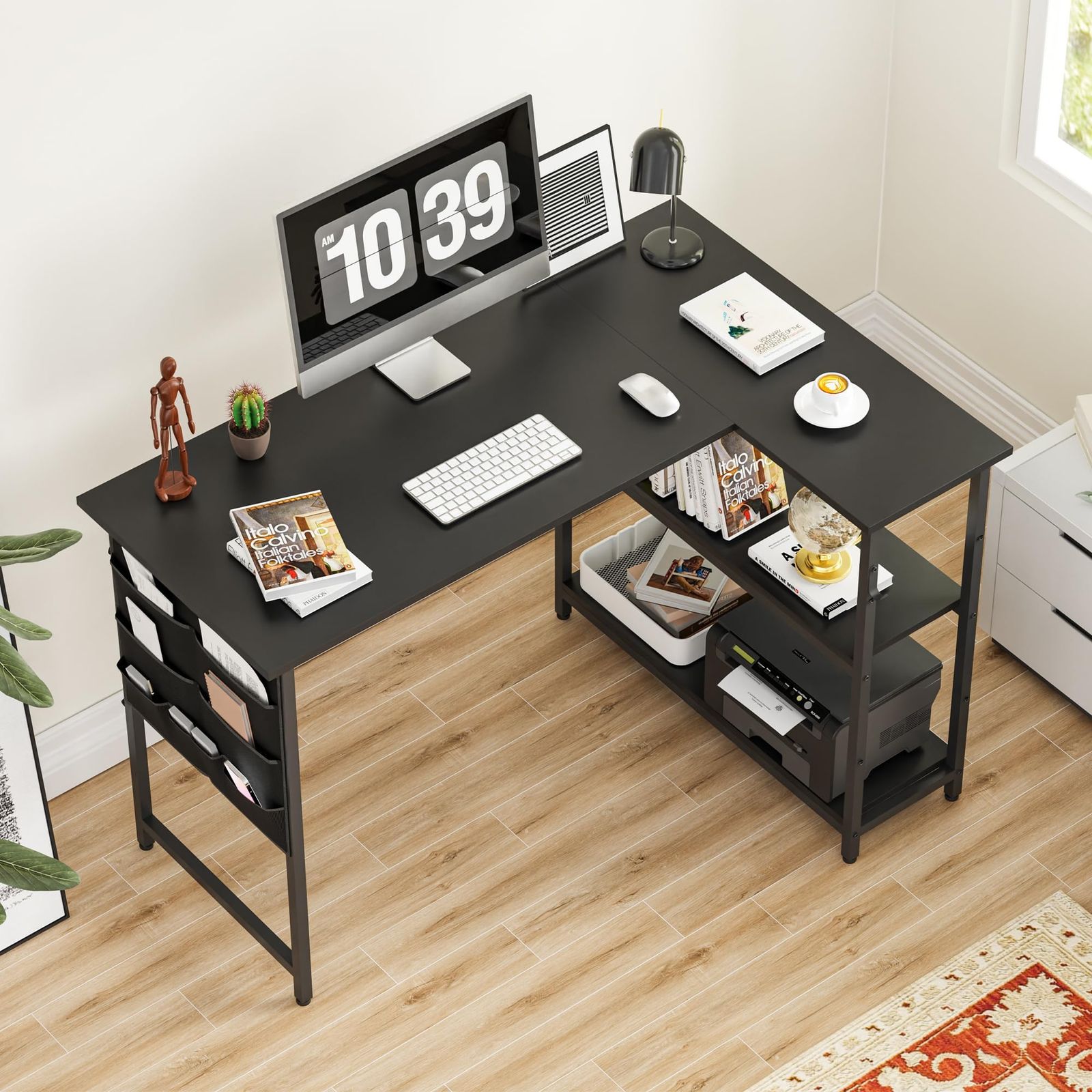 デスク 机 L字デスク パソコンデスク 幅107cm 机 pcデスク 勉強机 テーブル 作業机 ゲーミングデスク ラック付き l字型 棚板高さ調節 省スペース ブラック