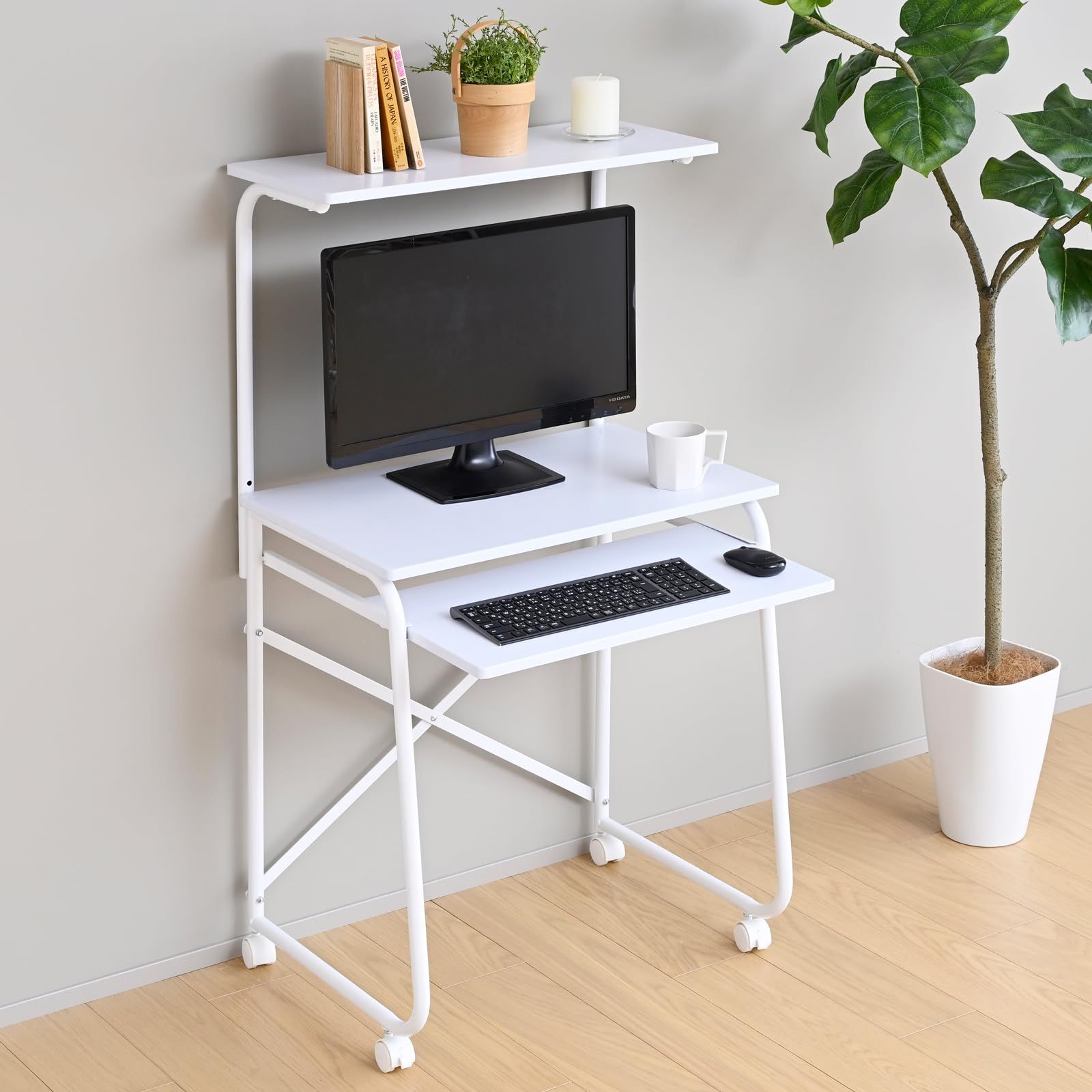 新品 山善(YAMAZEN) パソコンデスク コンパクト (上棚/スライダー/キャスター付き) 幅65×奥行49×高さ116/122cm 学習机 勉強机 組立品 ホワイト/マットホワイト GHP-65HC(WH/NMW)