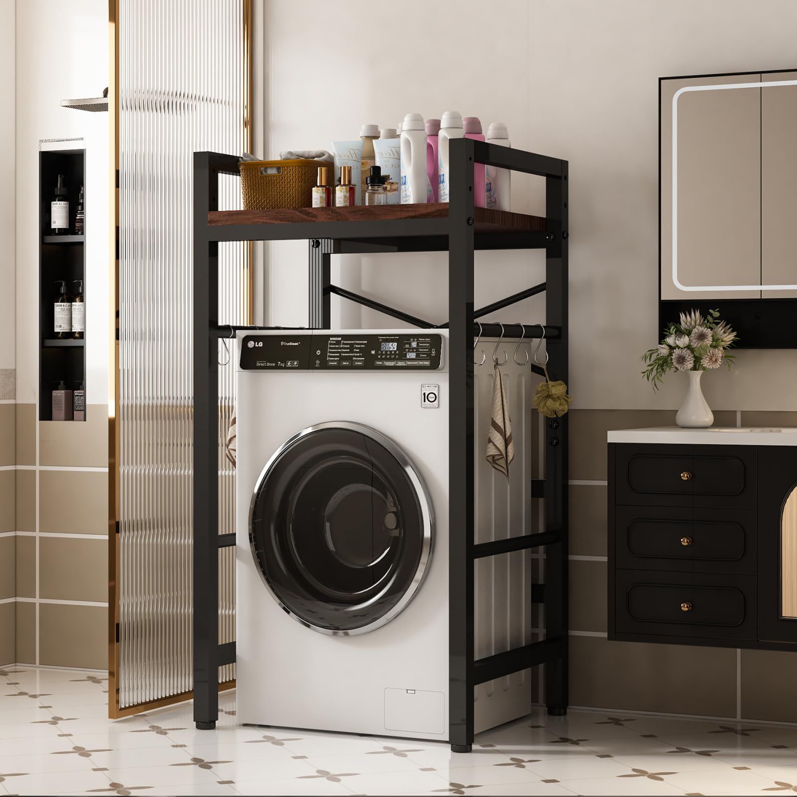 洗濯機ラック ランドリーラック 洗濯機上収納ラック 幅60×奥行55×高さ128cm 内寸高120cm 2.0角管 1.5cm棚板 強化構造 棚板3段階高さ調整 横棒 Sフック付き 省スペース設計 縦型洗濯機対応 ホワイト 洗濯機収納